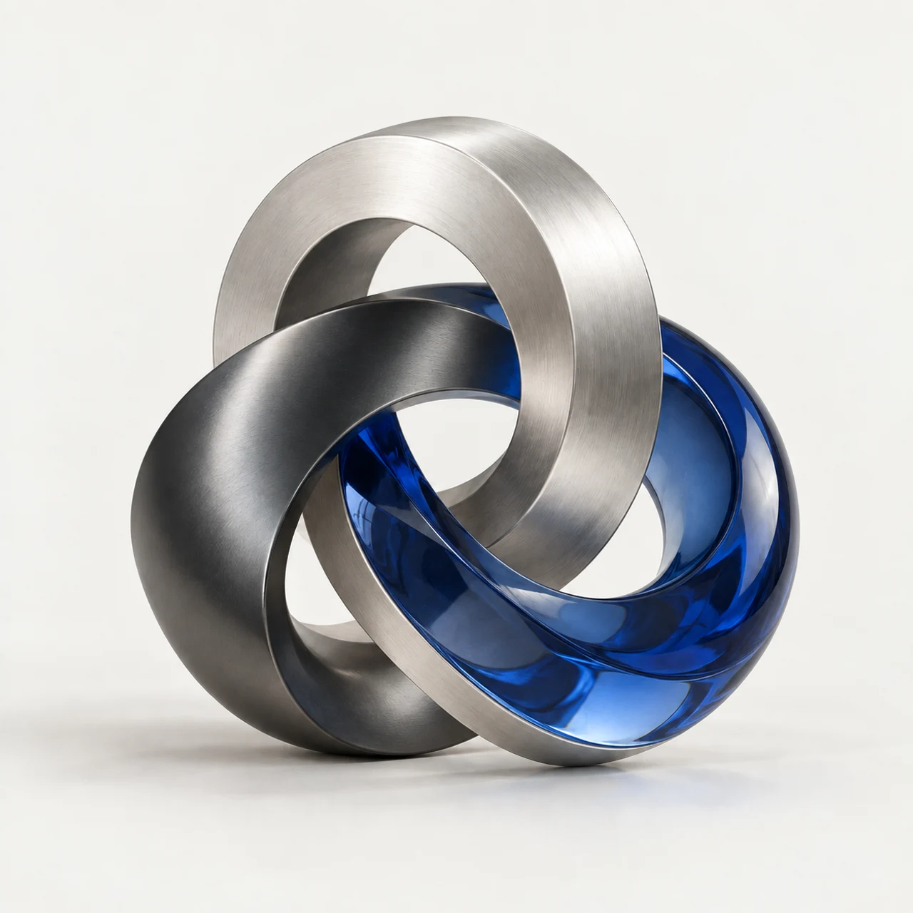 Escultura de três formas interligadas em metal e vidro azul, representando a conexão entre negócios, dados e IA.