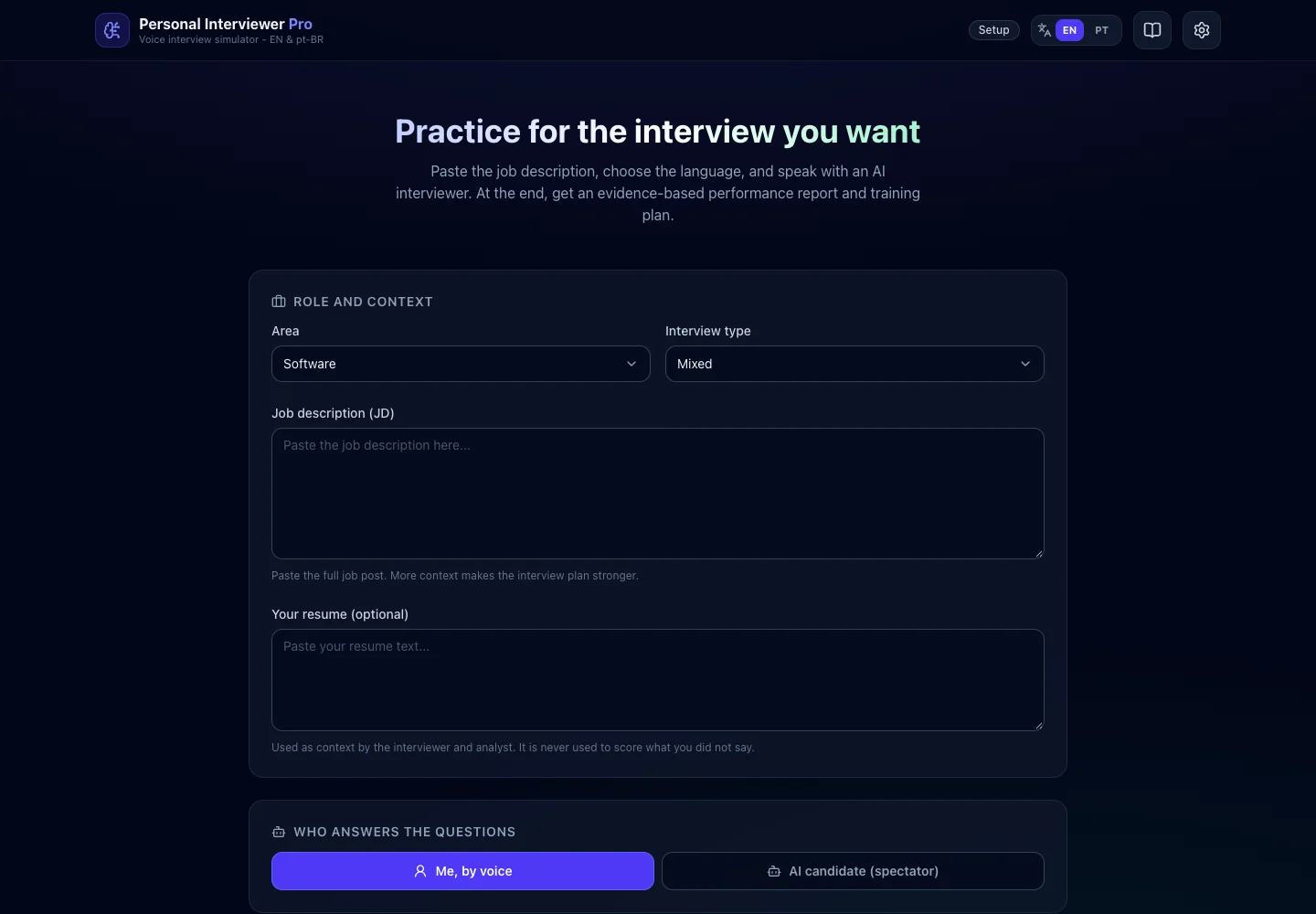 Tela inicial do Personal Interviewer Pro para configurar uma entrevista por voz.