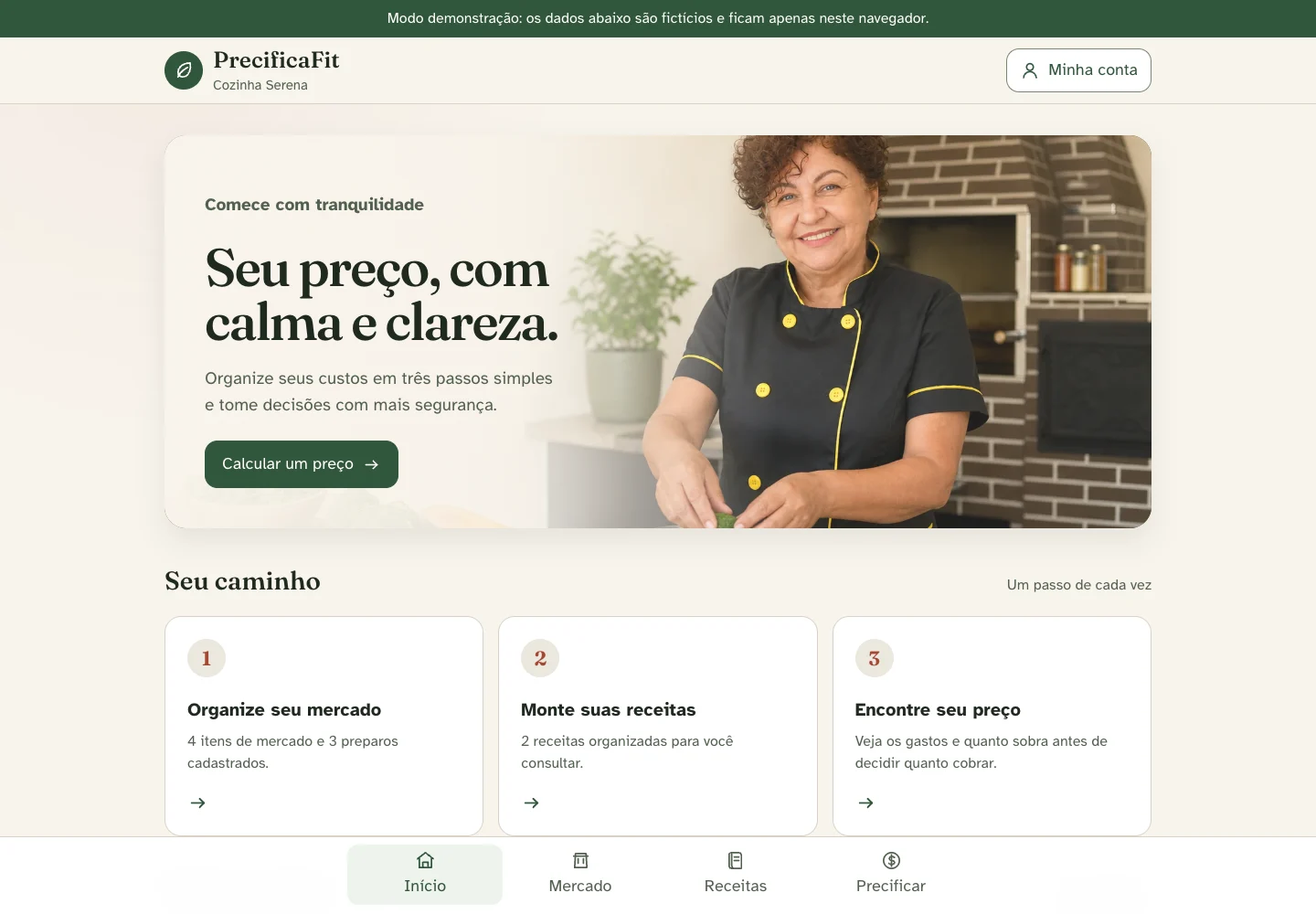 Interface demonstrativa Cozinha Serena do PrecificaFit, com receitas fictícias e custos.